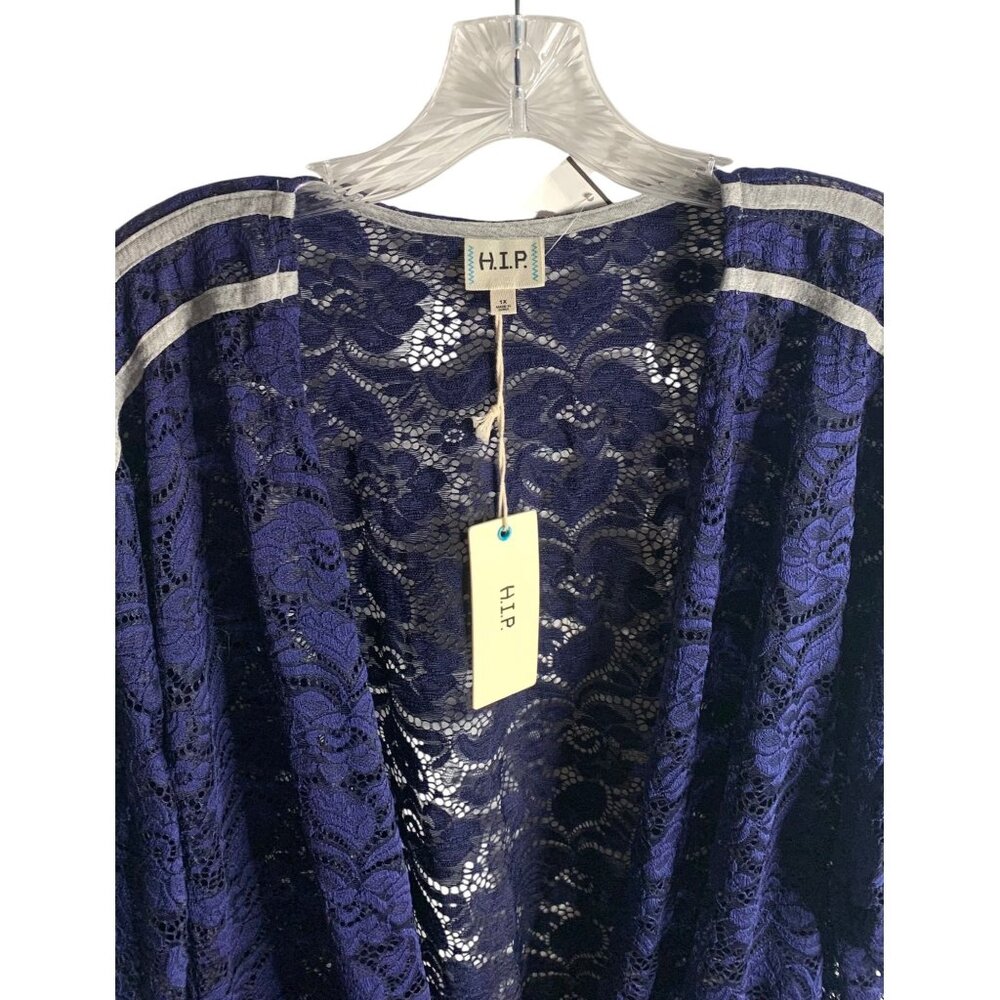 •SOLD•H.I.P. Navy Blue & Gray Lace Drawstring Hem Open Front Women's Kimono 1X - Picture 2 of 8